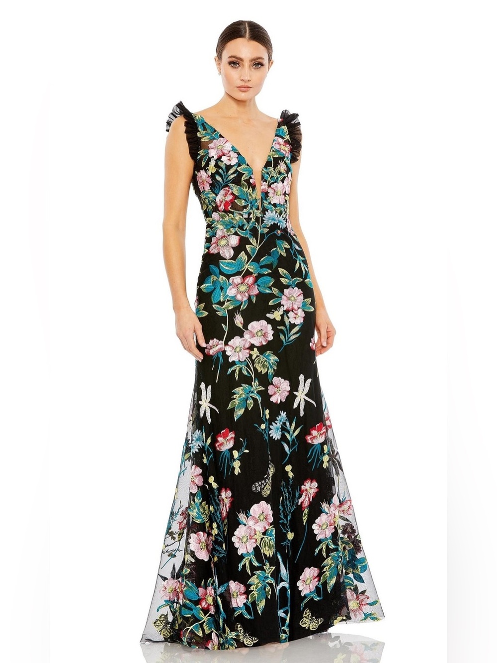 NWT Mac Duggal Embroidered Floral Plunge Neck Trumpet Gown Black Multi Size 10 - Picture 2 of 15